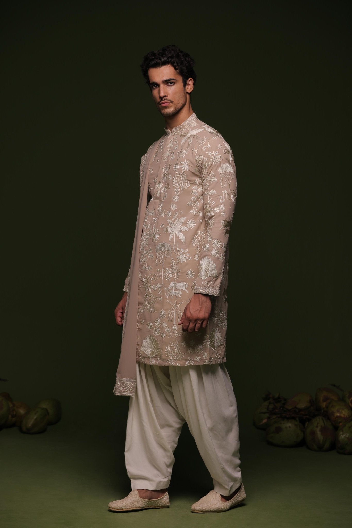 VRITRA BEIGE KURTA SET WITH PATIYALA AND DUPATTA - White Maison de Couture