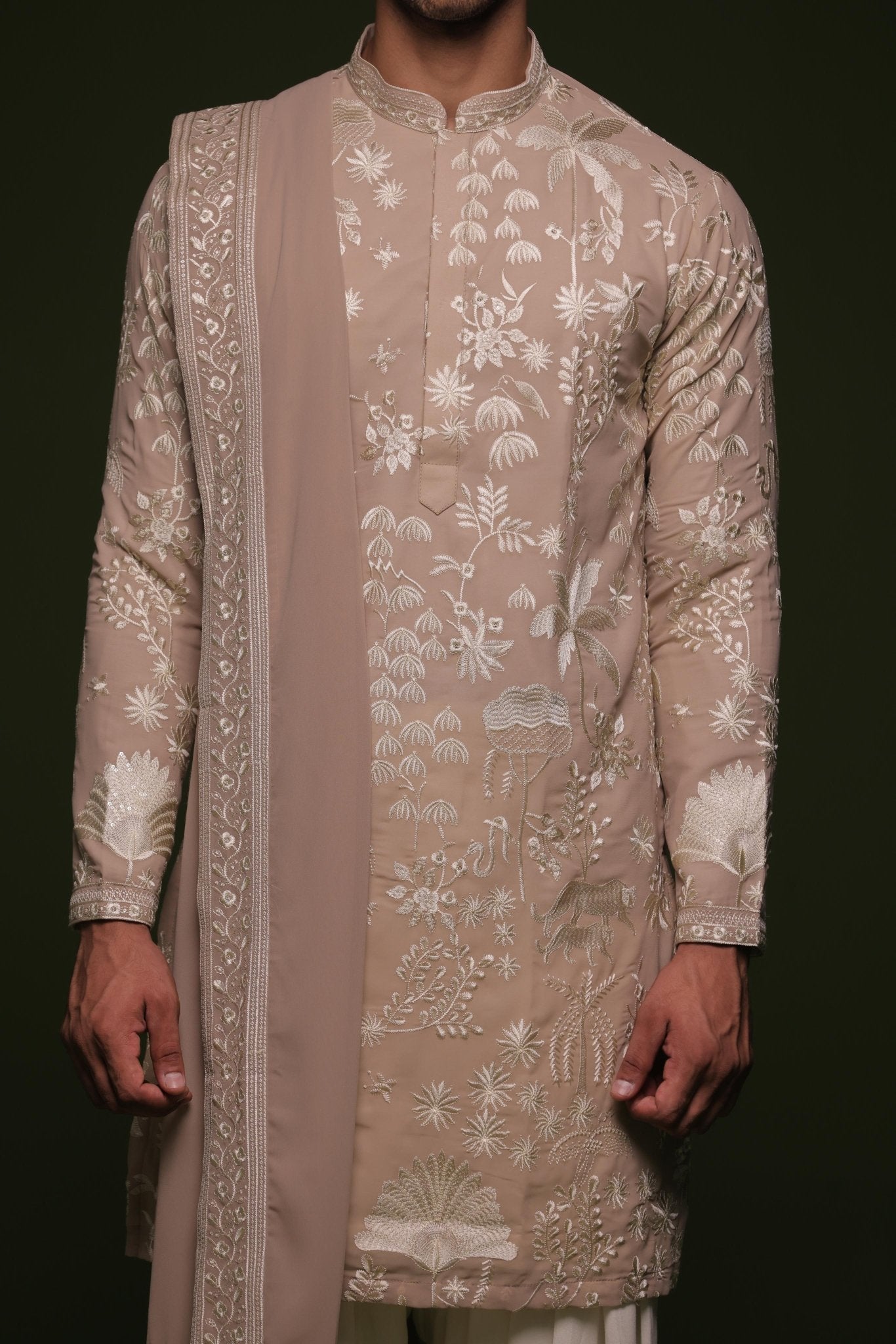 VRITRA BEIGE KURTA SET WITH PATIYALA AND DUPATTA - White Maison de Couture