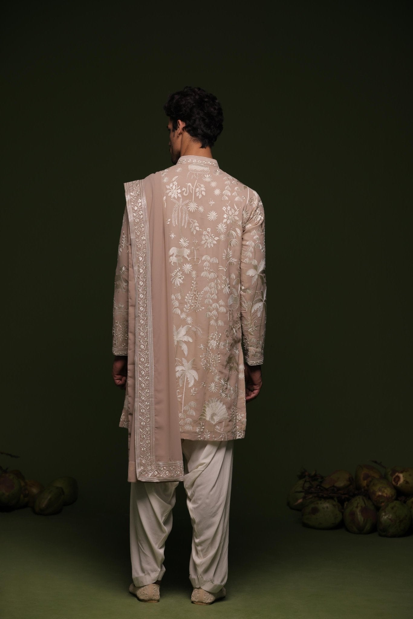 VRITRA BEIGE KURTA SET WITH PATIYALA AND DUPATTA - White Maison de Couture