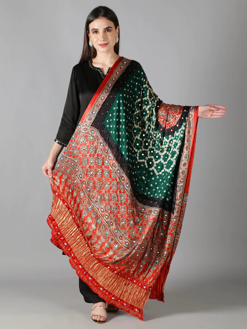 EMERALD GREEN BANDHEJ WITH ZARI PALLU AJRAKH DUPATTA