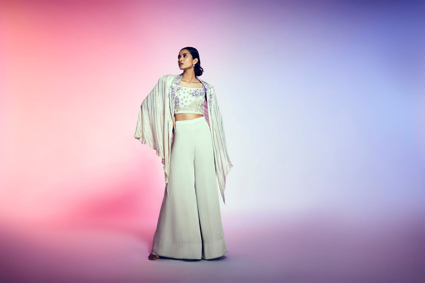 AQUA TOP WITH PLAZO AND KAFTAN SHRUG