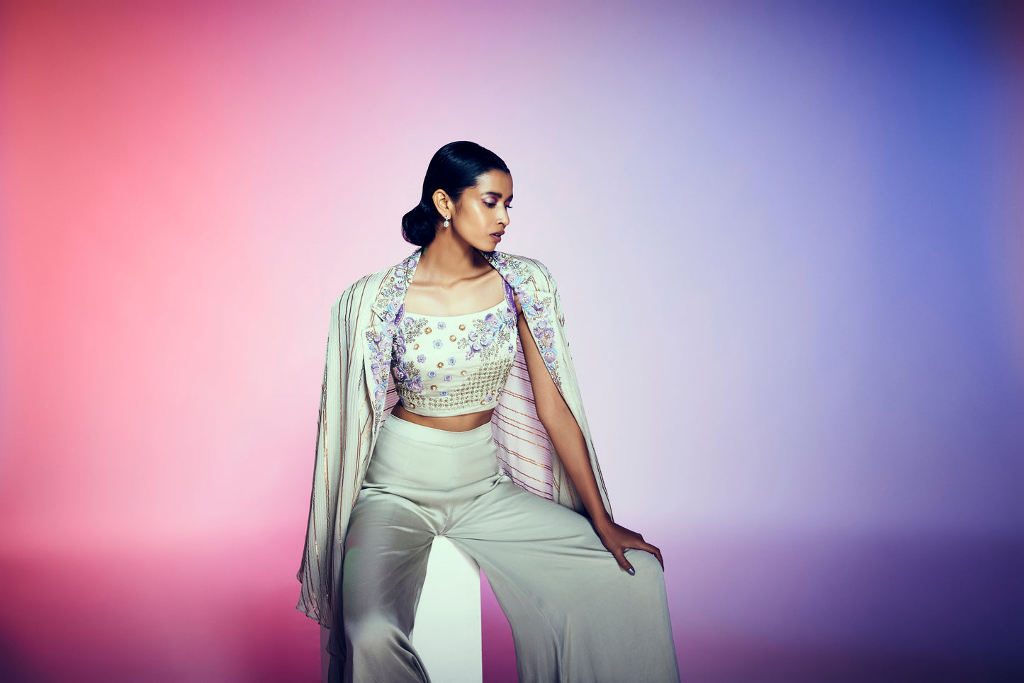 AQUA TOP WITH PLAZO AND KAFTAN SHRUG
