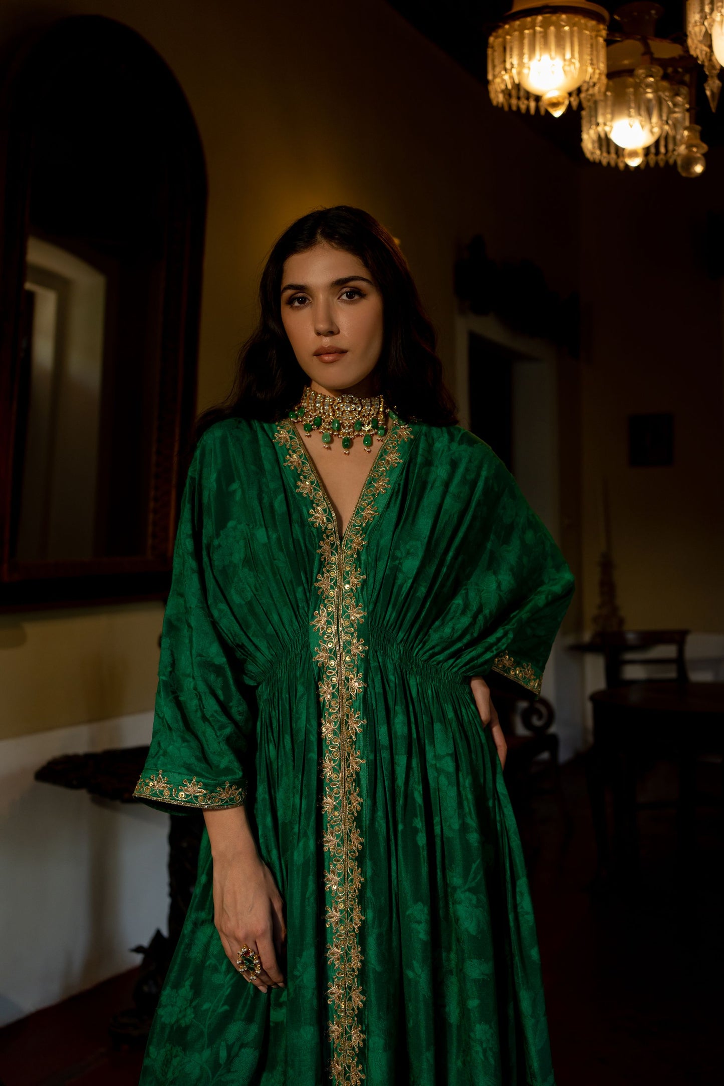 EMERALD GREEN SELF WOVEN KAFTAN SET