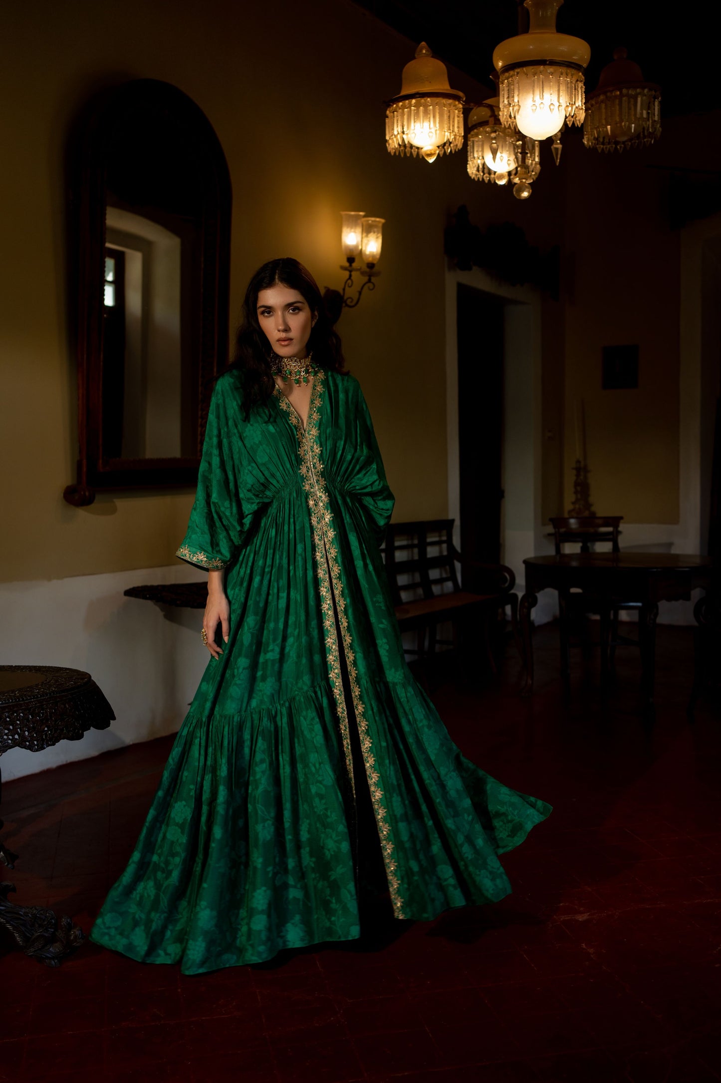 EMERALD GREEN SELF WOVEN KAFTAN SET