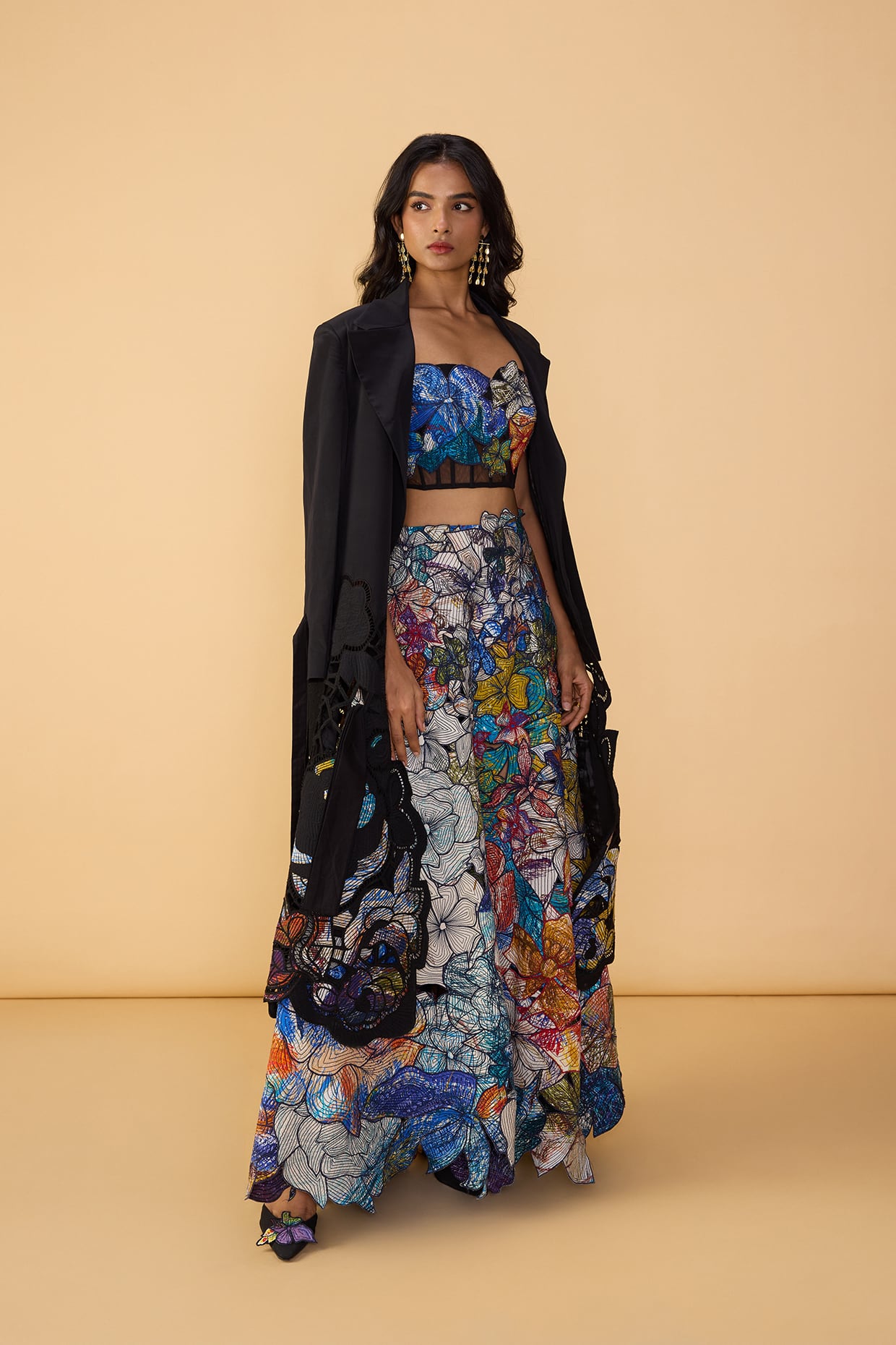 DENZEL TRENCH,  LARISSA CORSET BLOUSE &  ZOYA LEHENGA SKIRT