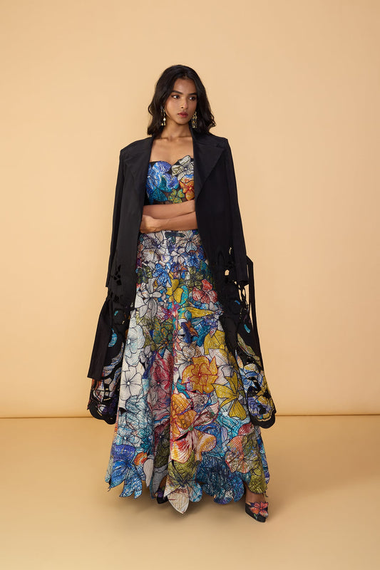 DENZEL TRENCH,  LARISSA CORSET BLOUSE &  ZOYA LEHENGA SKIRT