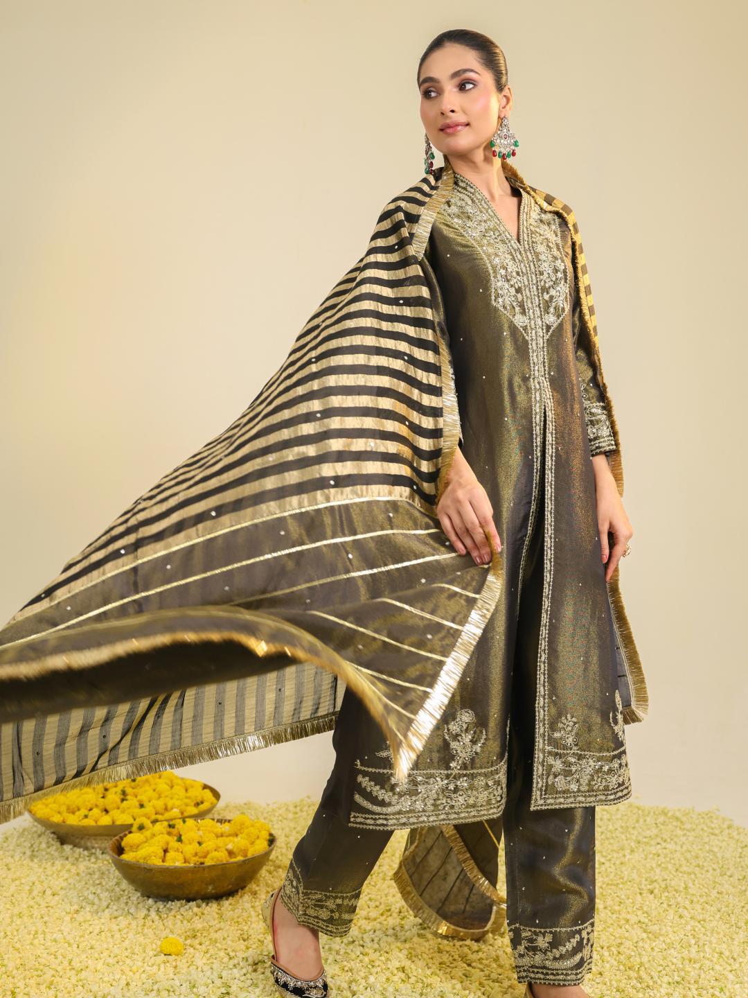 BLACK SHIMMER TISSUE KURTA SET