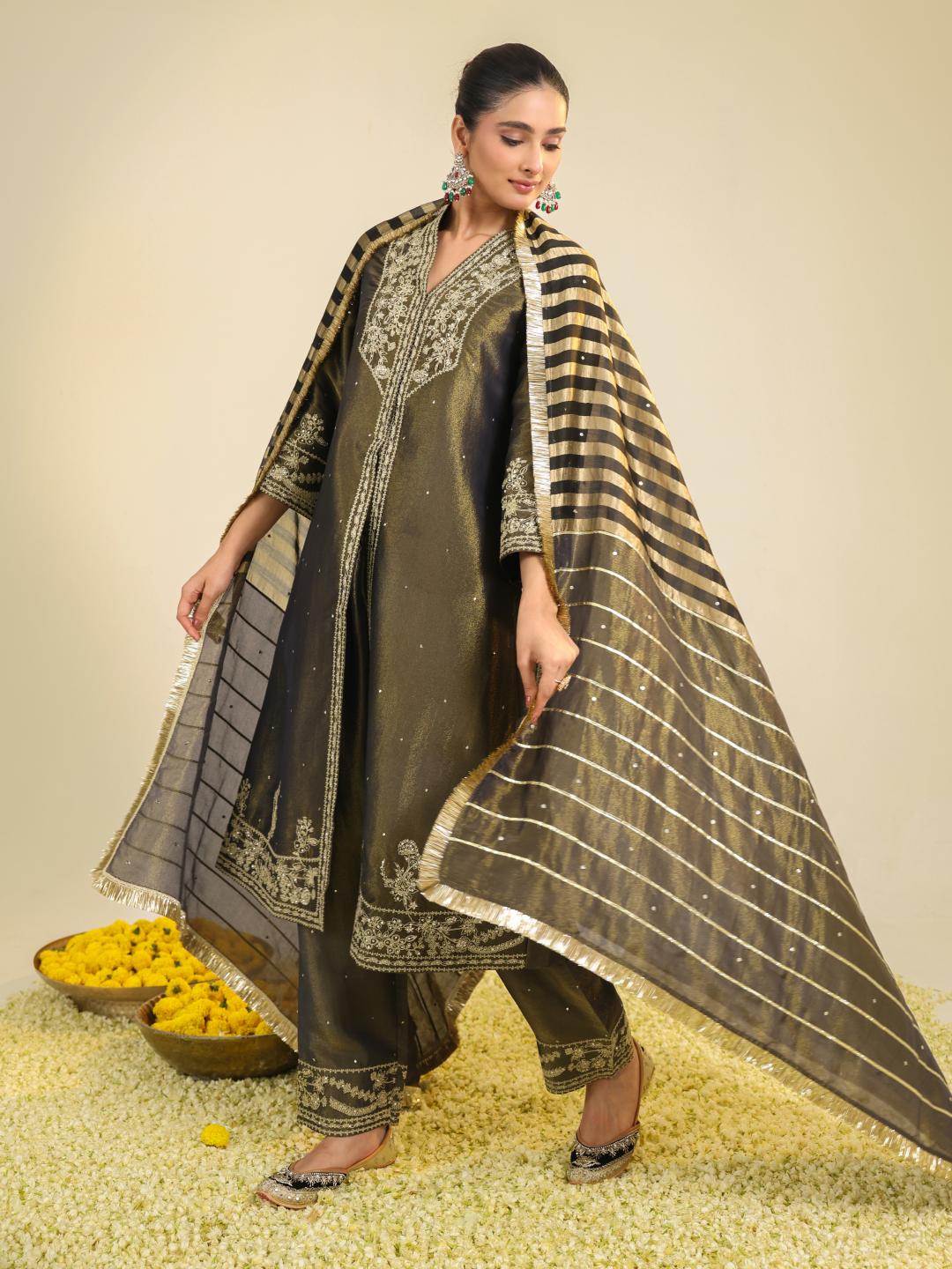 BLACK SHIMMER TISSUE KURTA SET