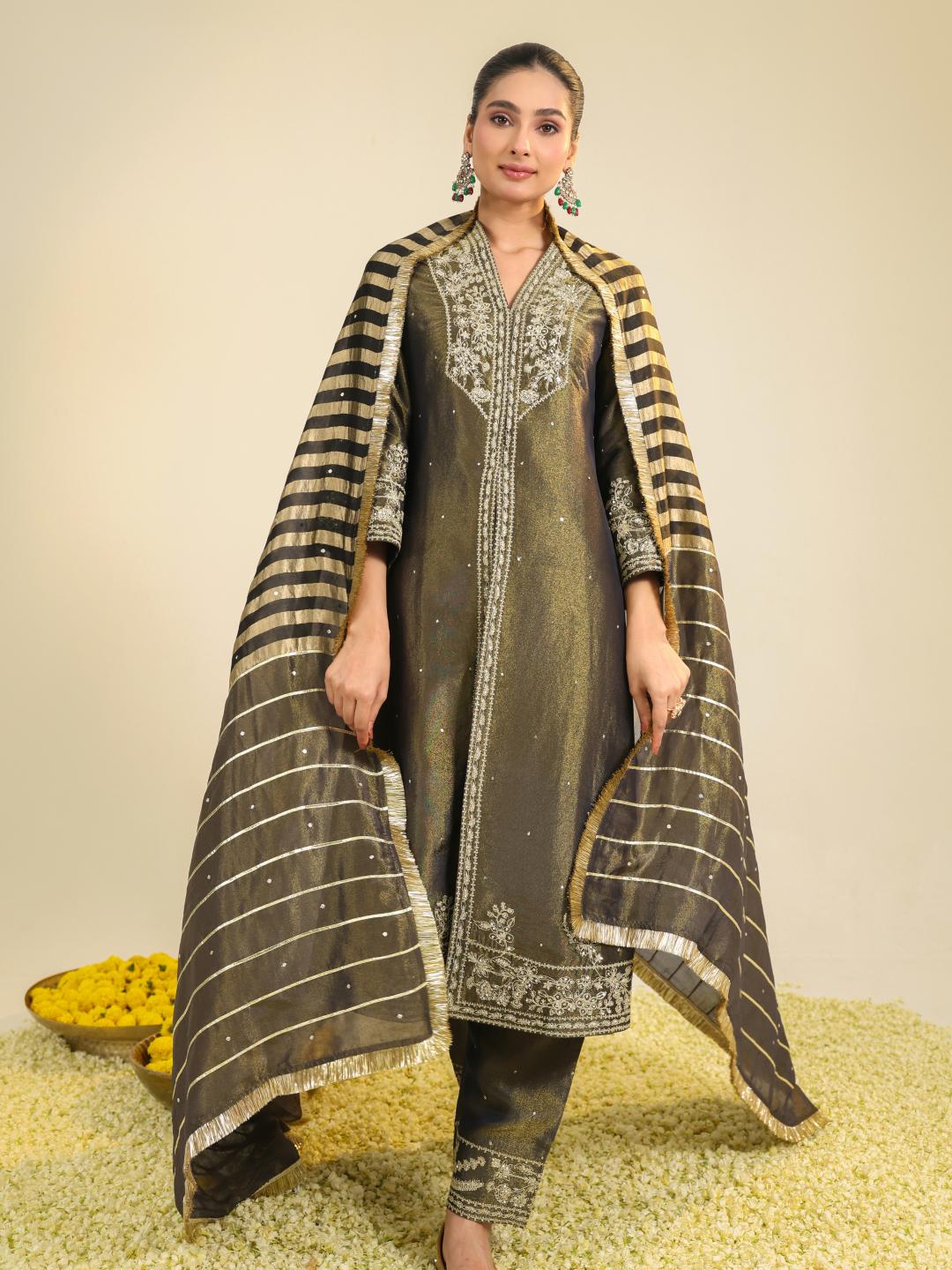 BLACK SHIMMER TISSUE KURTA SET