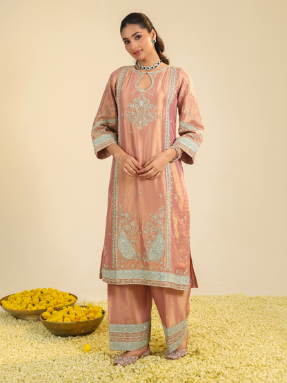 PINK LAMHE TISSUE KURTA SET