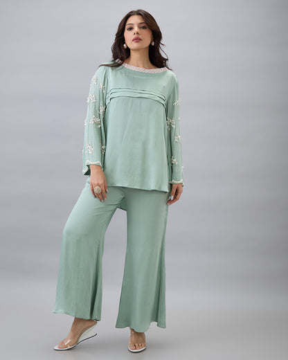 SAGE GREEN EMBROIDERED PEARL CO-ORD SET