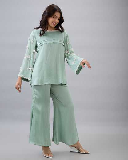 SAGE GREEN EMBROIDERED PEARL CO-ORD SET