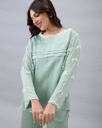 SAGE GREEN EMBROIDERED PEARL CO-ORD SET