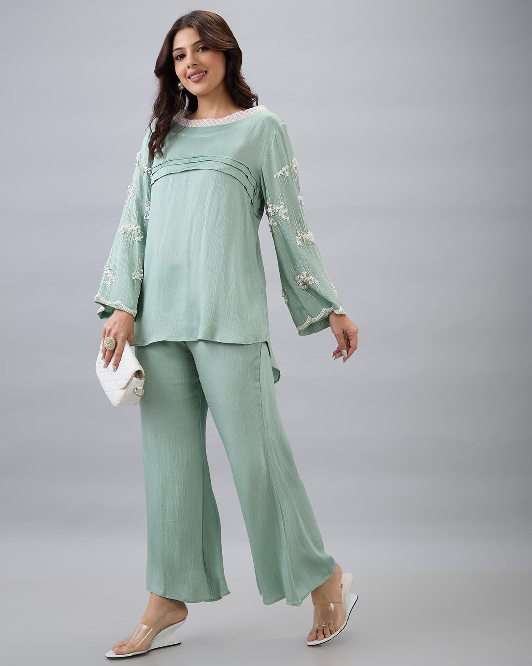SAGE GREEN EMBROIDERED PEARL CO-ORD SET