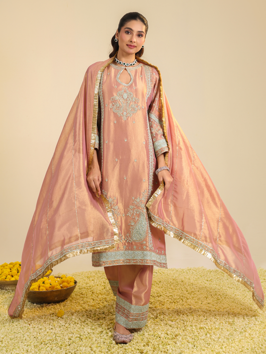 PINK LAMHE TISSUE KURTA SET