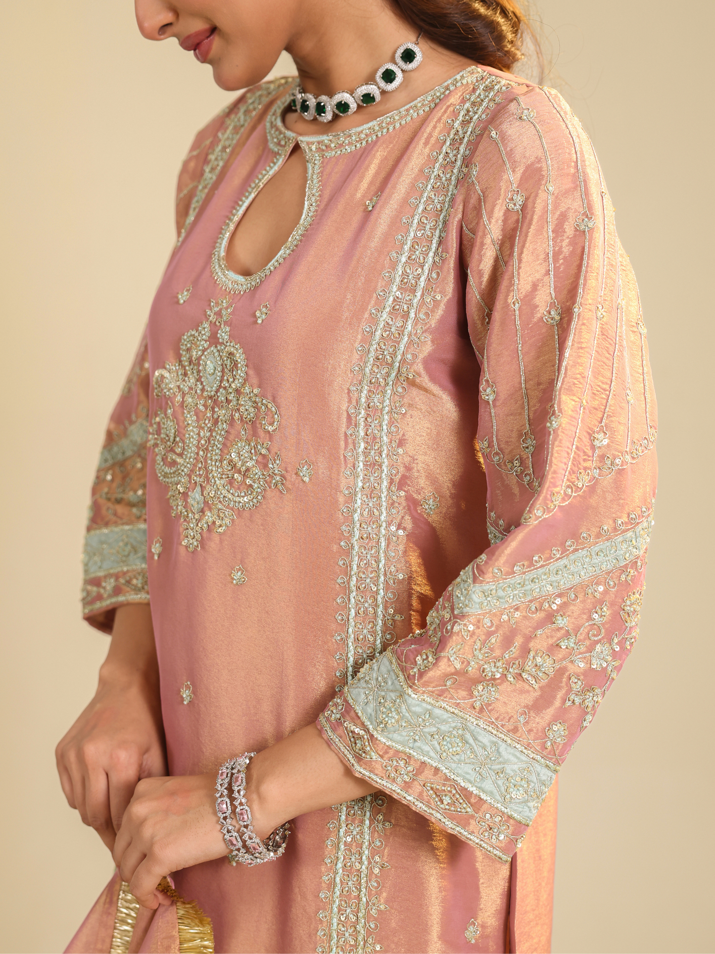 PINK LAMHE TISSUE KURTA SET