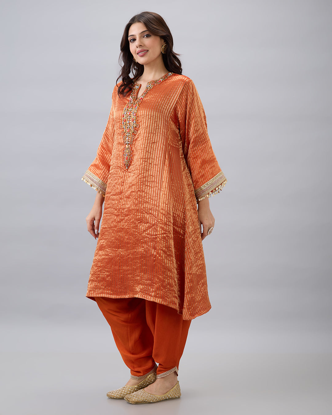 ORANGE TISSUE KURTA & DHOTI PANT SET