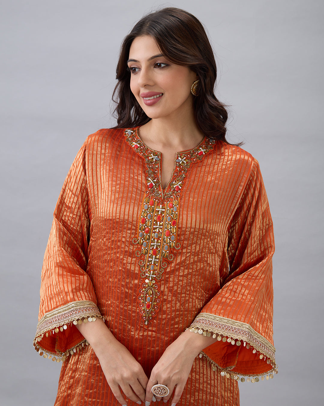 ORANGE TISSUE KURTA & DHOTI PANT SET