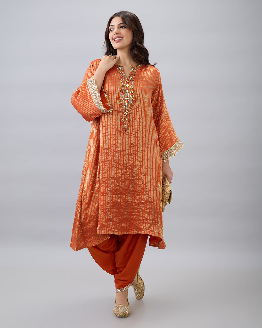 ORANGE TISSUE KURTA & DHOTI PANT SET