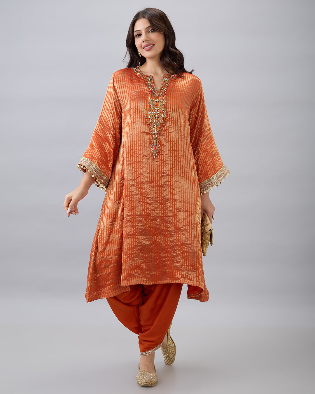 ORANGE TISSUE KURTA & DHOTI PANT SET