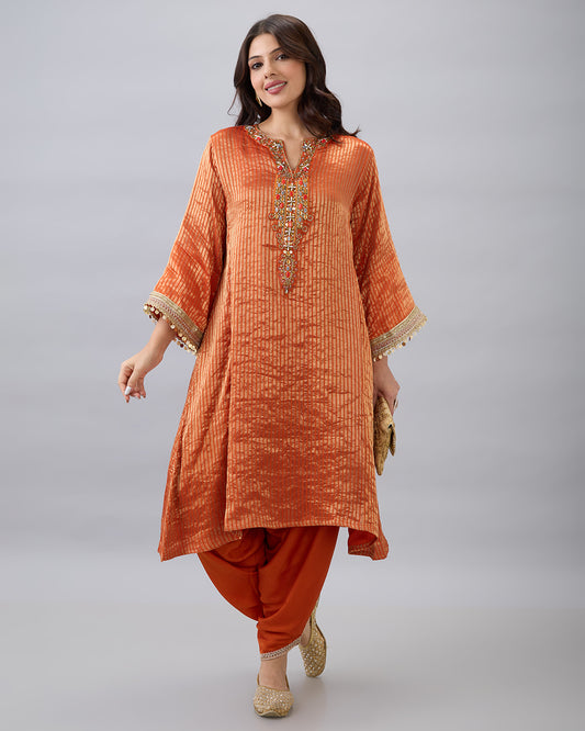 ORANGE TISSUE KURTA & DHOTI PANT SET