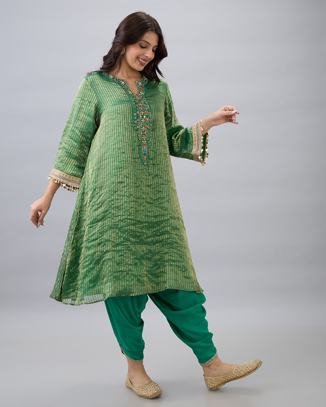 GREEN TISSUE KURTA & DHOTI PANT SET