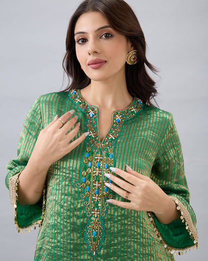 GREEN TISSUE KURTA & DHOTI PANT SET