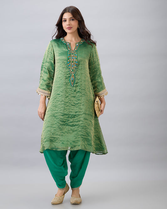 GREEN TISSUE KURTA & DHOTI PANT SET