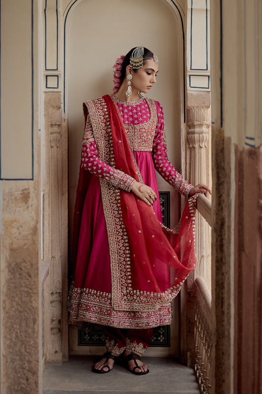 NOOR - DABKA ZARDOZI EMBROIDERED CHANDERI SILK HOTPINK ANARKALI SET