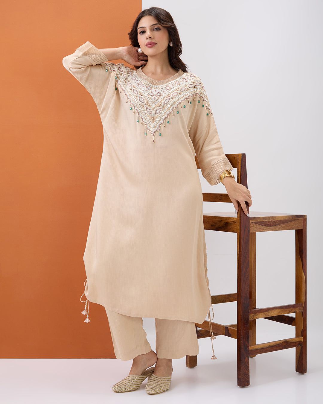 BEIGE EMBROIDERED CO-ORD SET