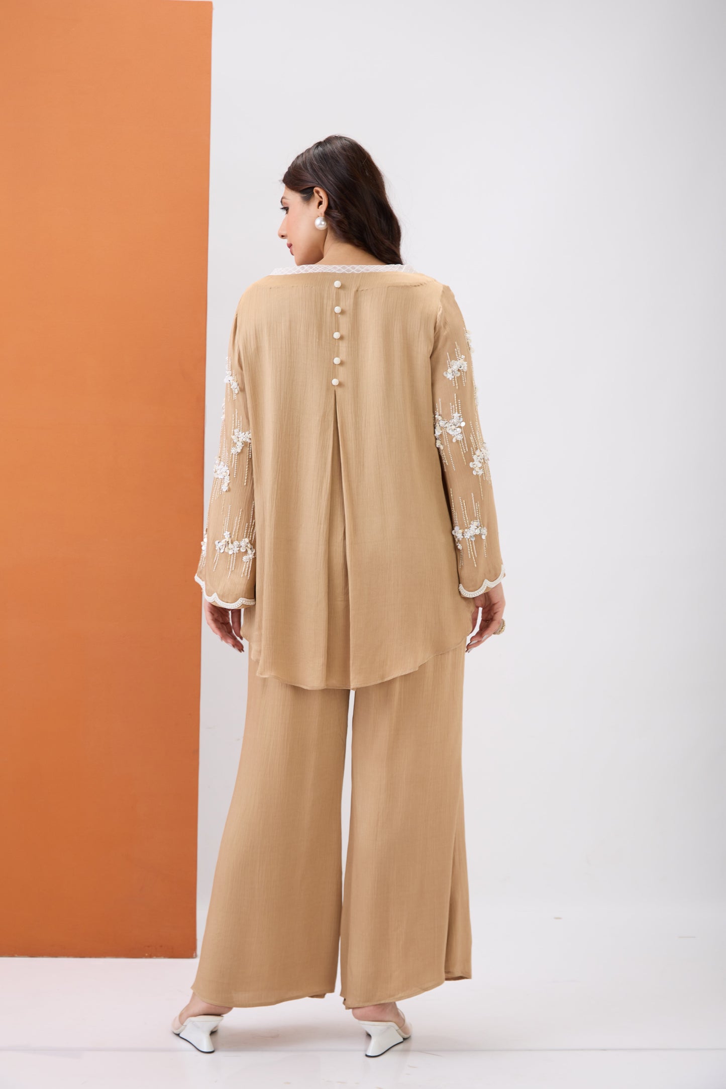 BEIGE EMBROIDERED PEARL CO-ORD SET