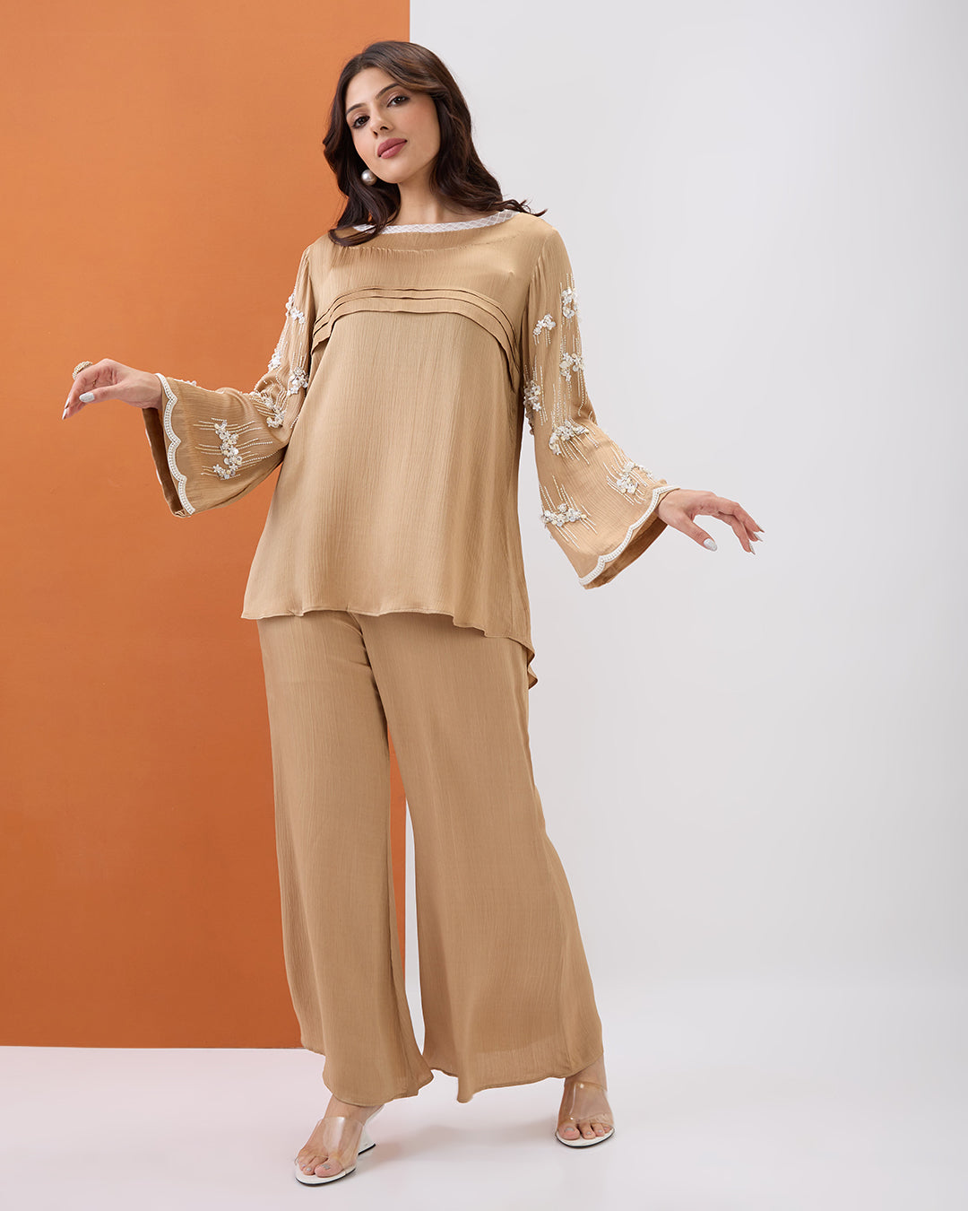 BEIGE EMBROIDERED PEARL CO-ORD SET