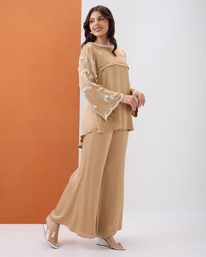 BEIGE EMBROIDERED PEARL CO-ORD SET