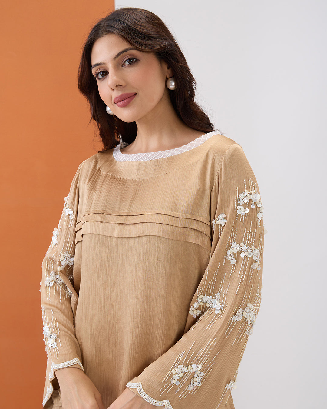 BEIGE EMBROIDERED PEARL CO-ORD SET