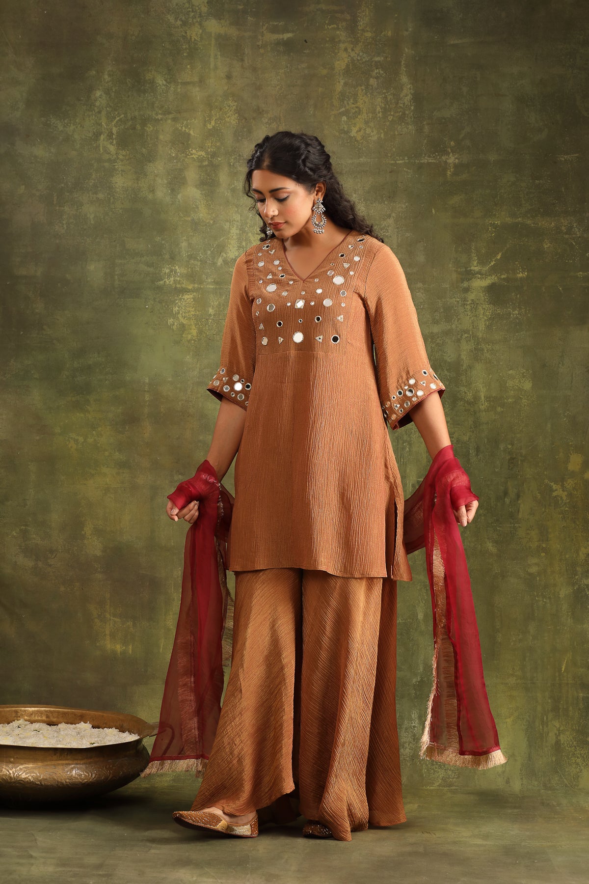 RUST BROWN CRUSHED MIRROR WORK TISSUE SHARAR SET WITH DUPATTA