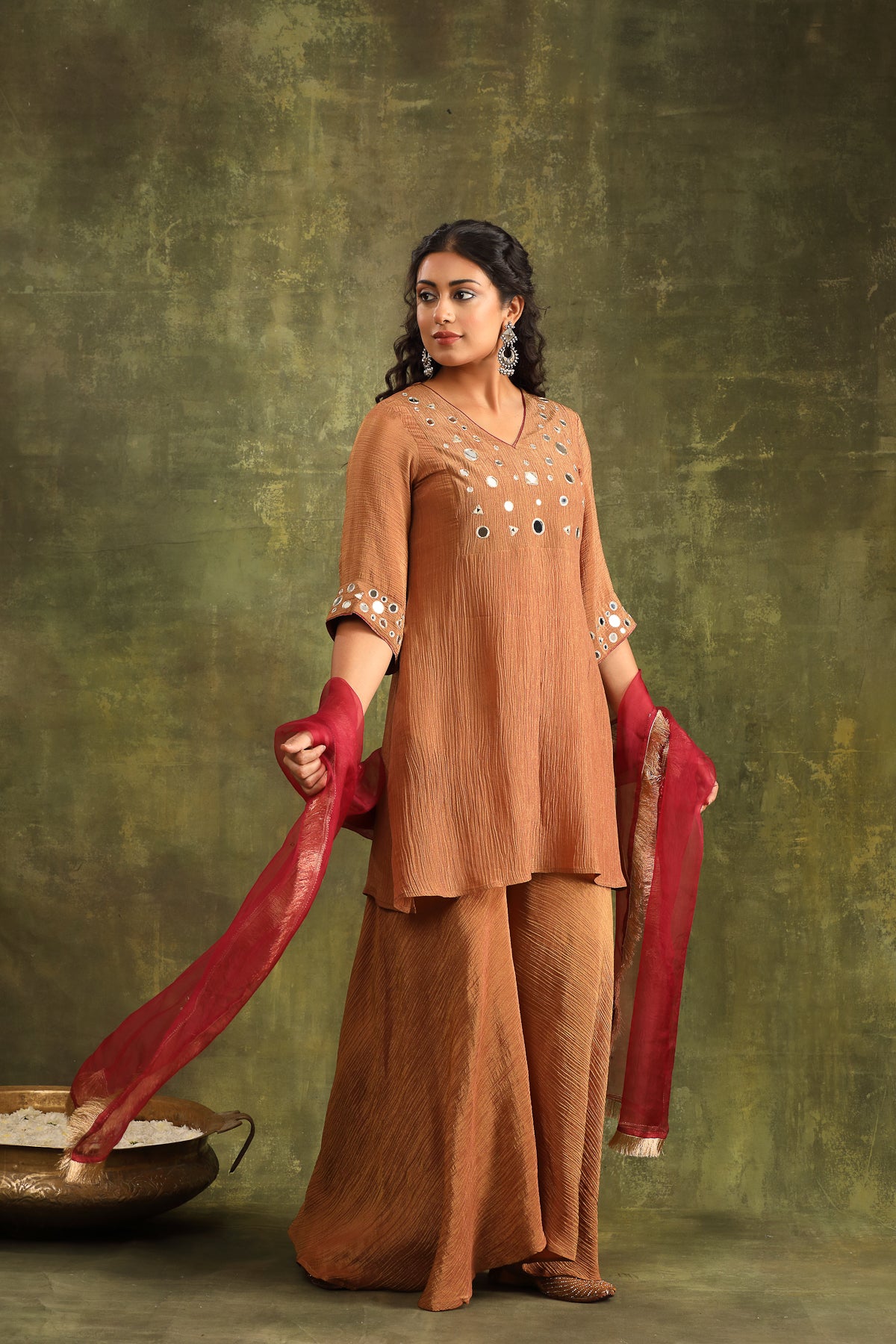 RUST BROWN CRUSHED MIRROR WORK TISSUE SHARAR SET WITH DUPATTA