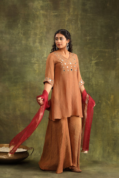 RUST BROWN CRUSHED MIRROR WORK TISSUE SHARAR SET WITH DUPATTA