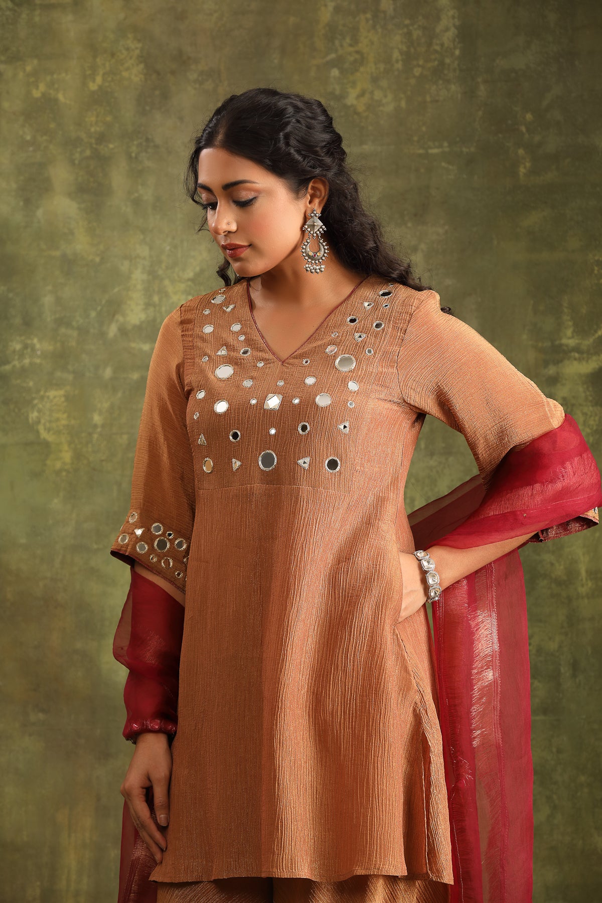 RUST BROWN CRUSHED MIRROR WORK TISSUE SHARAR SET WITH DUPATTA
