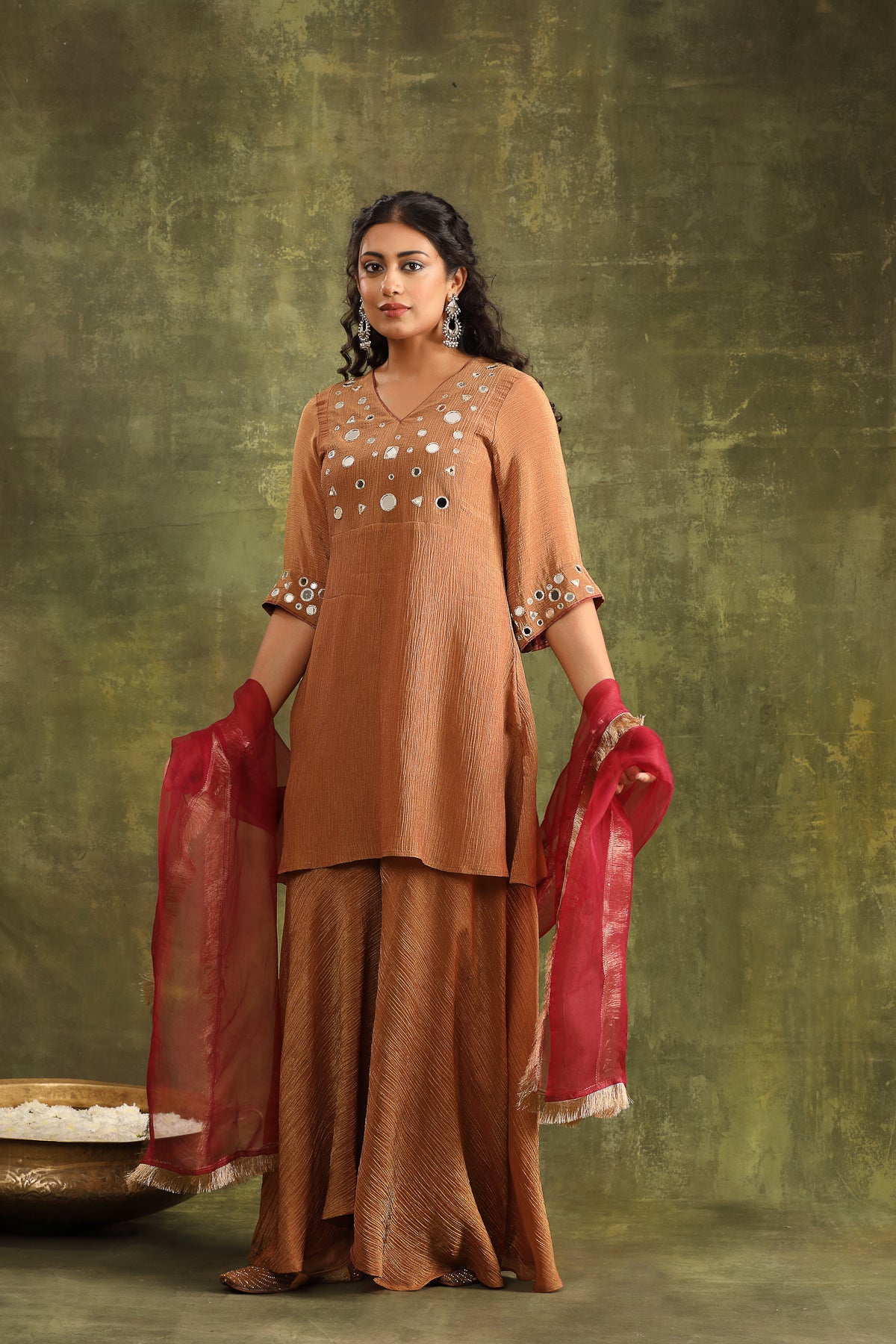 RUST BROWN CRUSHED MIRROR WORK TISSUE SHARAR SET WITH DUPATTA