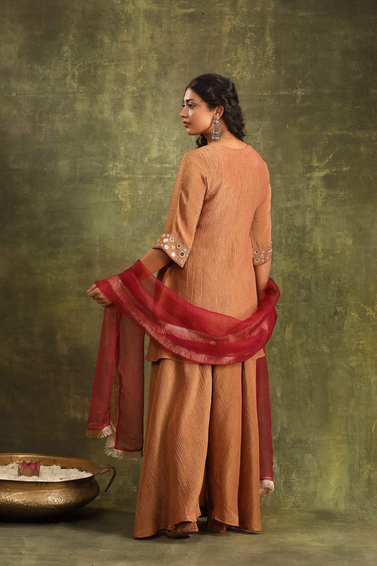 RUST BROWN CRUSHED MIRROR WORK TISSUE SHARAR SET WITH DUPATTA