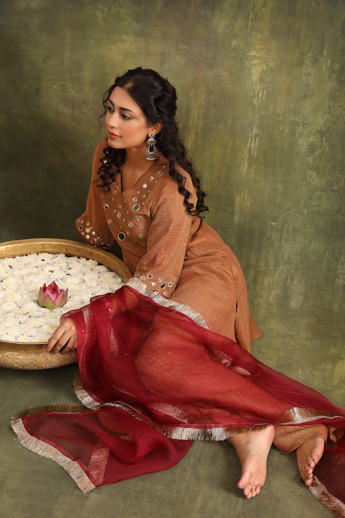 RUST BROWN CRUSHED MIRROR WORK TISSUE SHARAR SET WITH DUPATTA