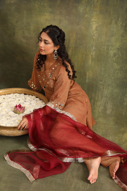 RUST BROWN CRUSHED MIRROR WORK TISSUE SHARAR SET WITH DUPATTA