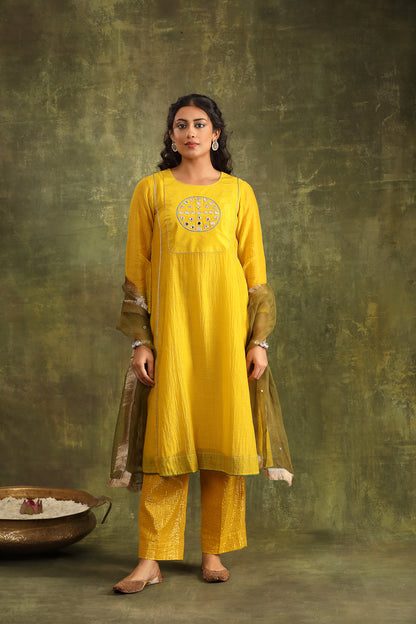 MUSTARD YELLOW MIRROR WORK CHANDERI SUIT SET WITH DUPATTA
