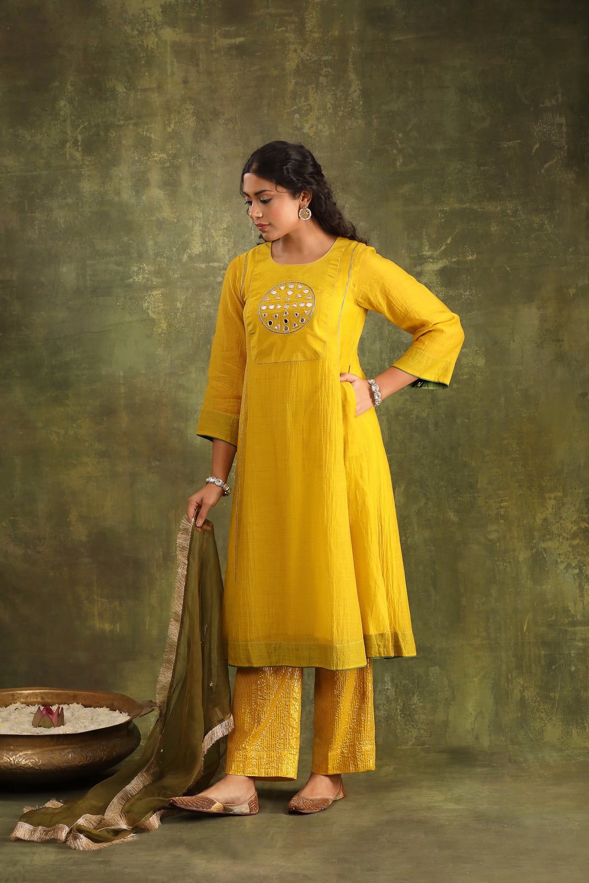 MUSTARD YELLOW MIRROR WORK CHANDERI SUIT SET WITH DUPATTA