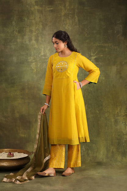 MUSTARD YELLOW MIRROR WORK CHANDERI SUIT SET WITH DUPATTA