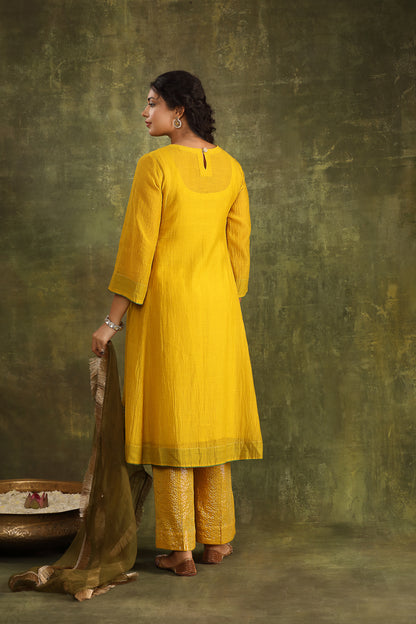 MUSTARD YELLOW MIRROR WORK CHANDERI SUIT SET WITH DUPATTA