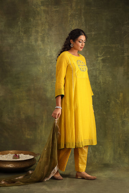 MUSTARD YELLOW MIRROR WORK CHANDERI SUIT SET WITH DUPATTA