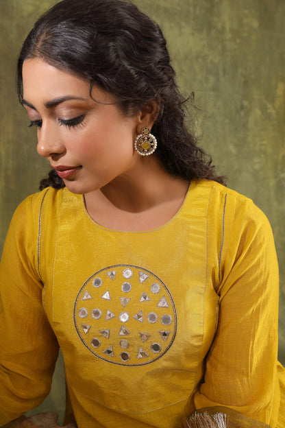 MUSTARD YELLOW MIRROR WORK CHANDERI SUIT SET WITH DUPATTA