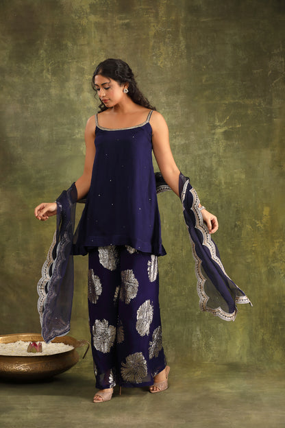 DARK BLUE ORGANZA KURTA WITH SHARARA AND DUPATTA