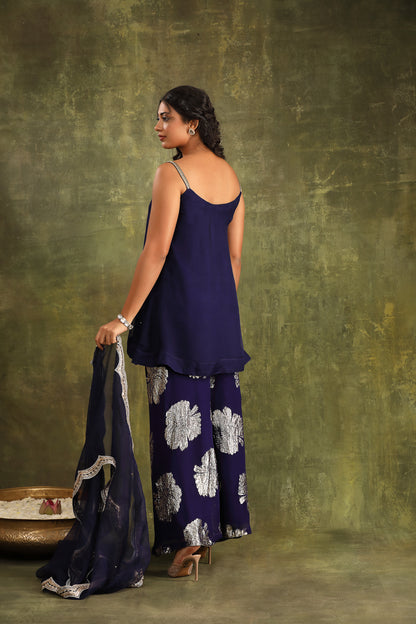 DARK BLUE ORGANZA KURTA WITH SHARARA AND DUPATTA